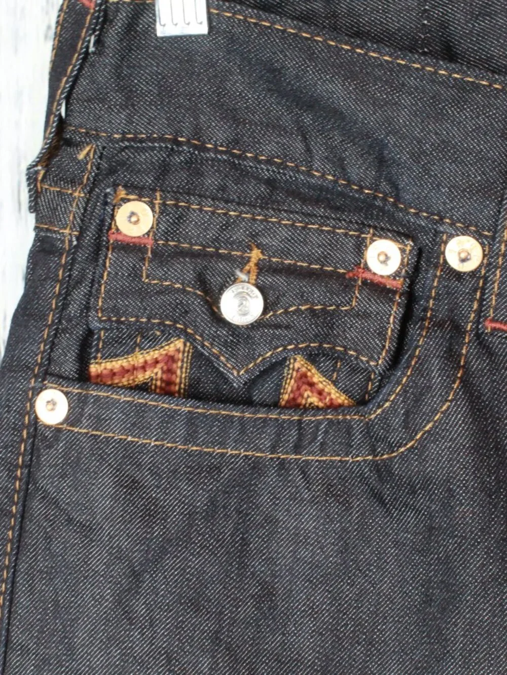 NWT True Religion Straight Leg Flap Jeans Sunset Logo Orange Red Stitch 33